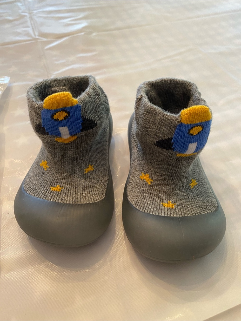 Gray Kids Socks-to-Shoe Booties with Yellow and Blue Rocket Design